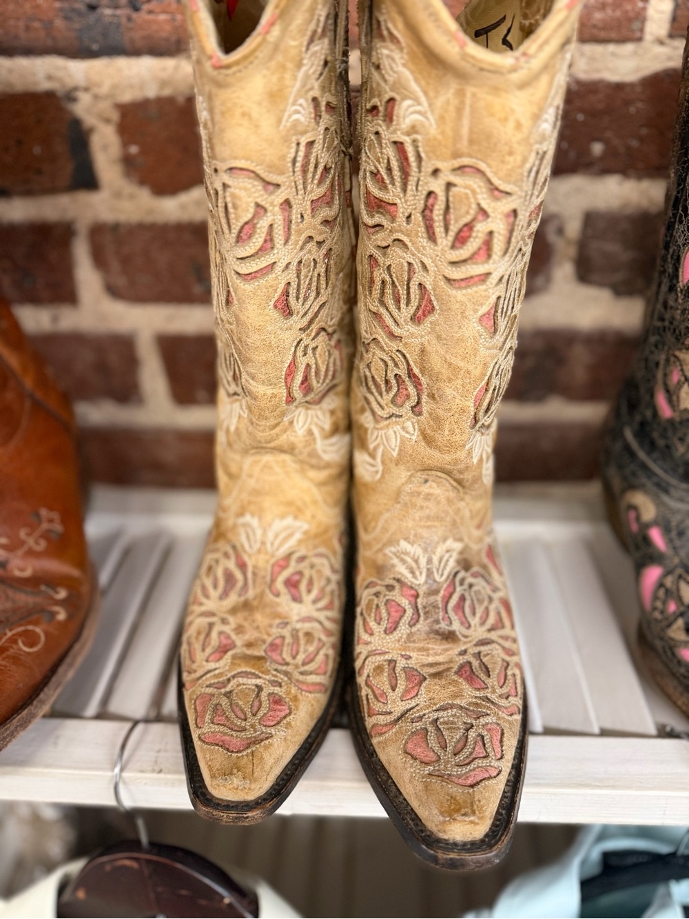 Corral cowgirl boot: Tan Embroidered Western Heeled Boots with Pink Floral Inset
